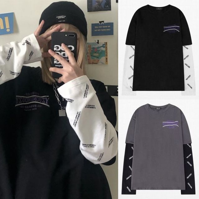 ユニセックス フェイクレイヤード 重ね着風 ドッキングトップス tシャツ 長袖 ロンT 袖プリント 韓国ファッション メンズ レディース カジュアル ストリート系 / Oversized Fake Two-Piece T-shirt Men's and Women's Loose Trend Top (DTC-627247548961)