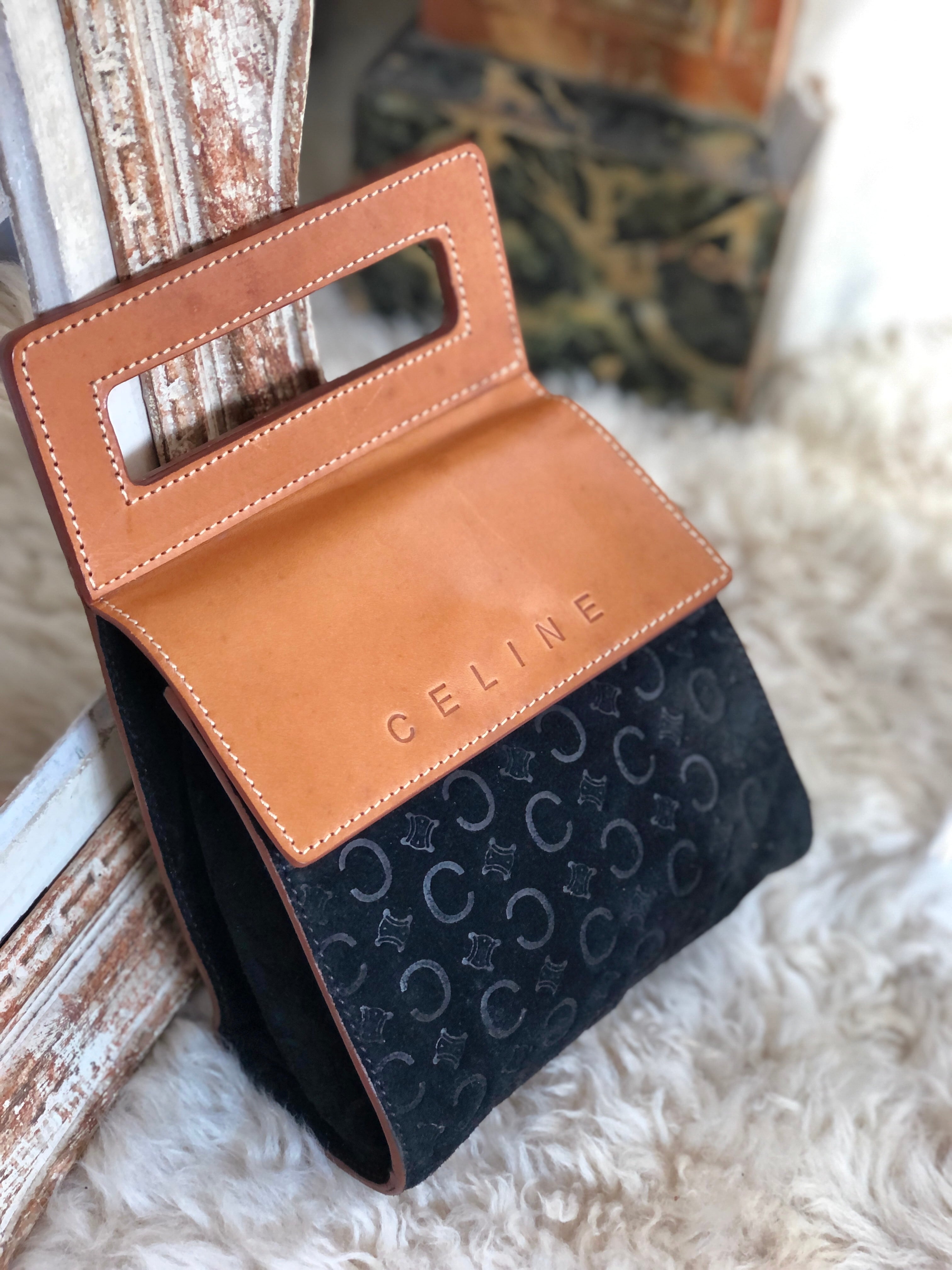 CELINE セリーヌ　マカダム　ブラゾン　スエード　ハンドバッグ　ミニバッグ　ブラック×キャメル　vintage　ヴィンテージ　オールドセリーヌ  gk4x2r | VintageShop solo powered by BASE