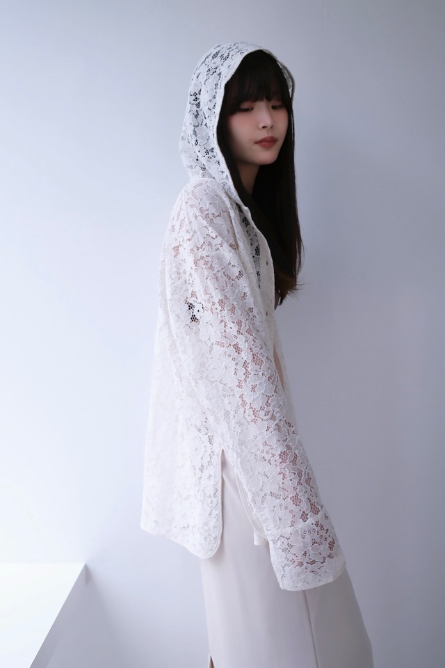 Mesh × race foodie cardigan  メッシュ × レースフーディーカーディガン　White