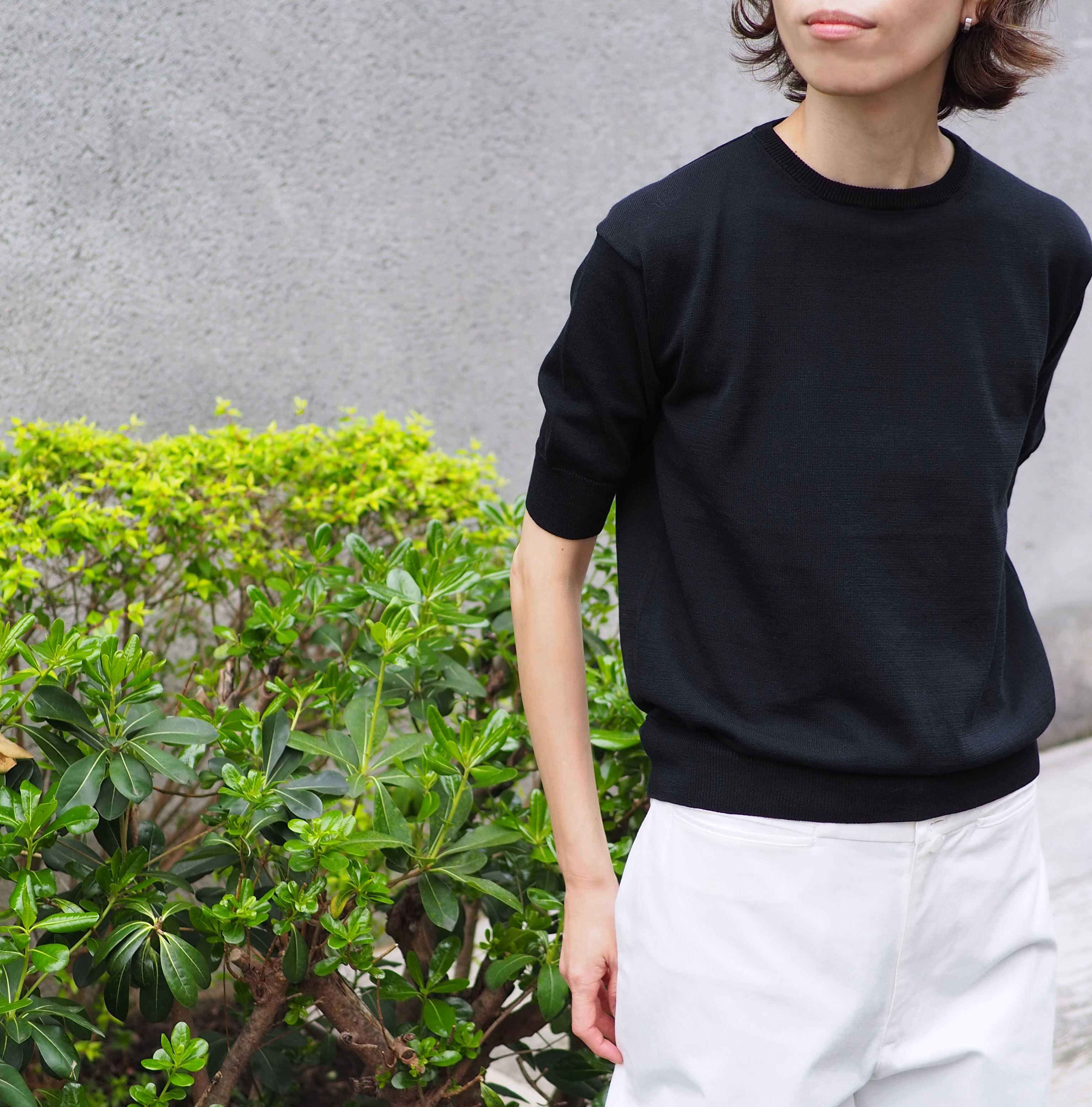 1dozen|クルーネックショートスリーブニット(コットン100%)mid charcoal