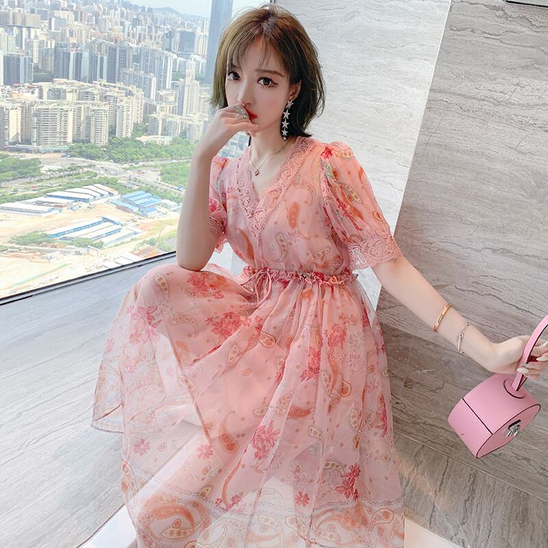 Vネックレースプリント柄ドレス サマー 夏物 シルク MIUCO65900984774