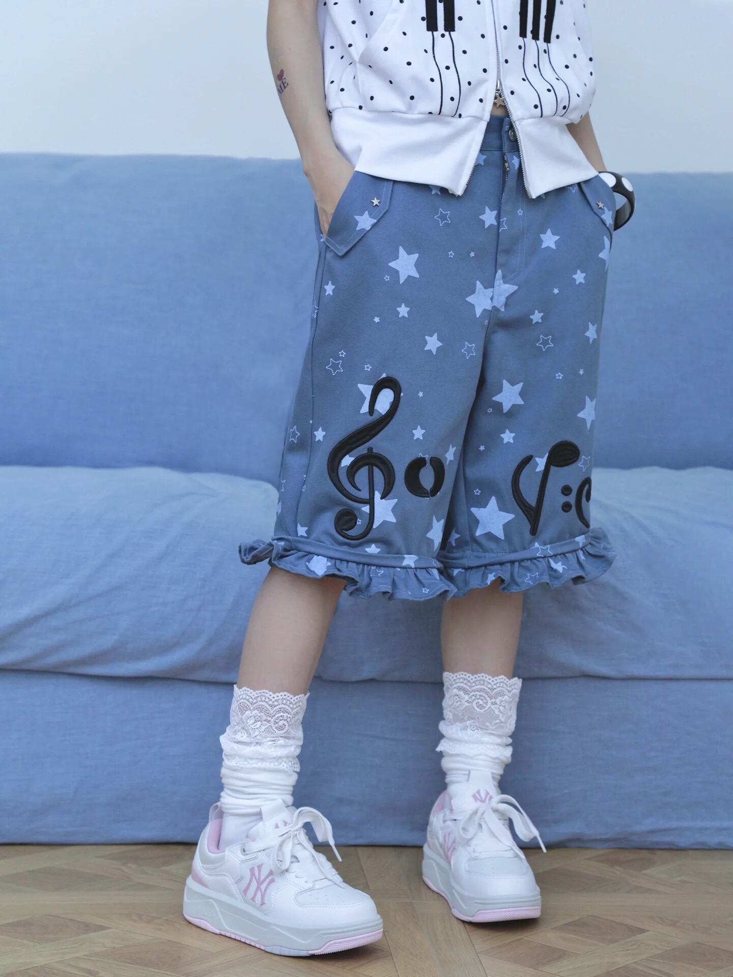 hashtag DDD Music Note & Star 2-in-1 Cargo Wide Leg Pants BLUE | 愛