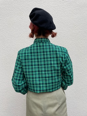 VINTAGE 50's green check round collar blouse