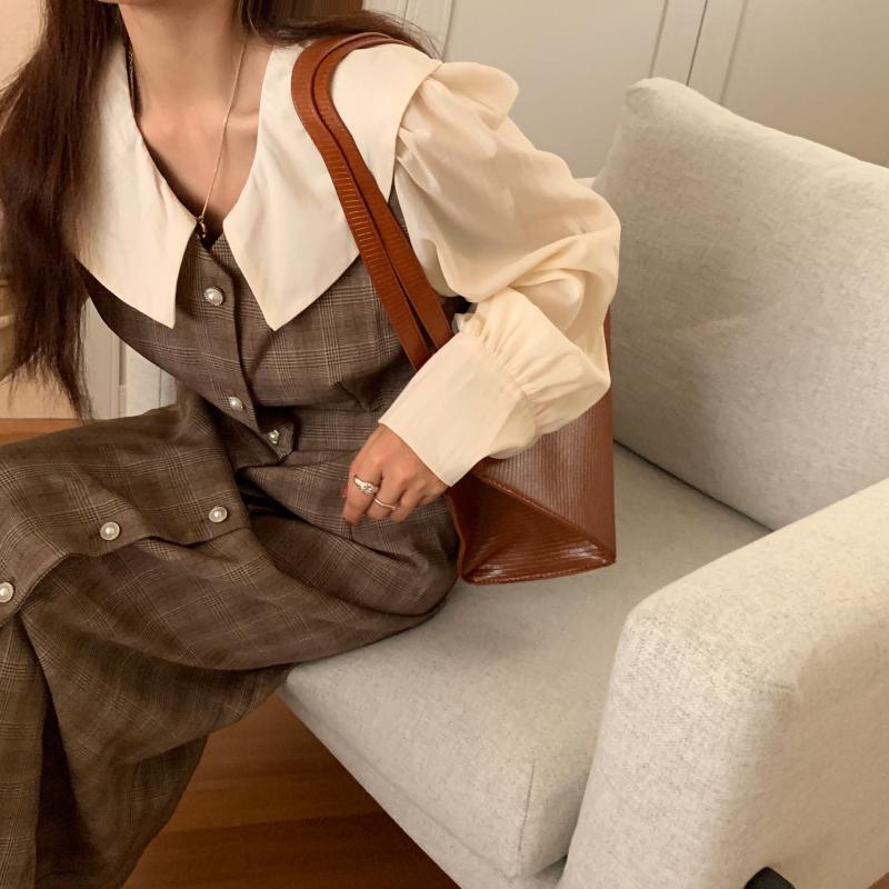 カラー格子柄スカート ドレス レディース ロング ステッチ ビッグFスモールZ韓国93972254442