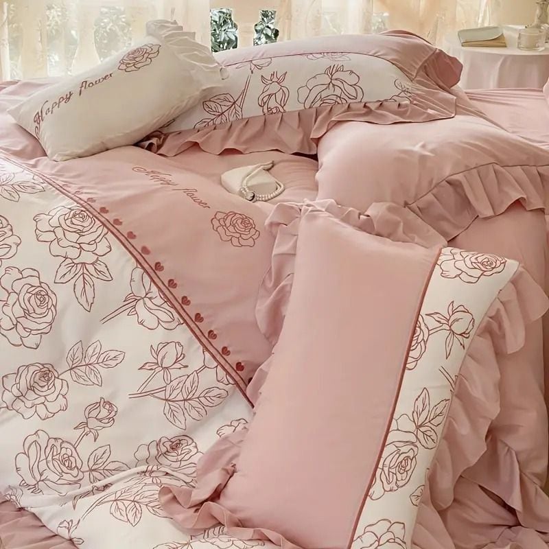 ピンクの花柄刺繍ベッドカバーセット 布団カバー 3点セット 寝室 ゲストルーム ぴったり柔らかい 快適 四季