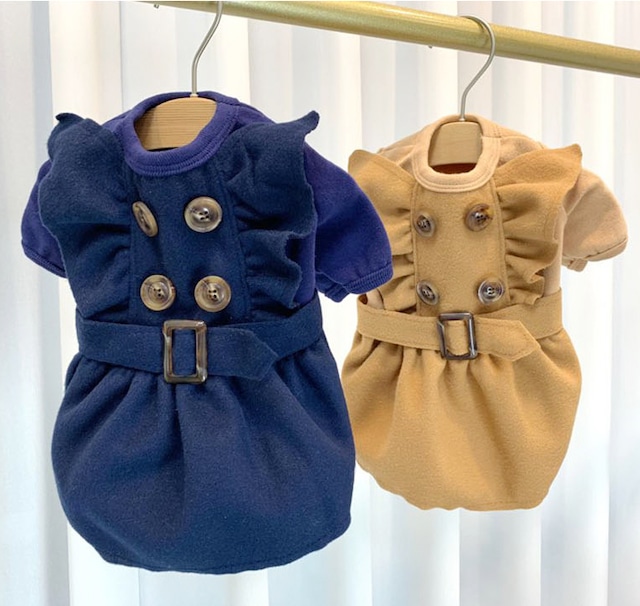 【SALE】 トレンチ風ワンピース XS ~ XL 2color / 犬服 秋冬 新作 可愛い 犬の服 ドレス お揃い ドッグウェア おしゃれ 小型犬 中型犬 猫 onepiece41