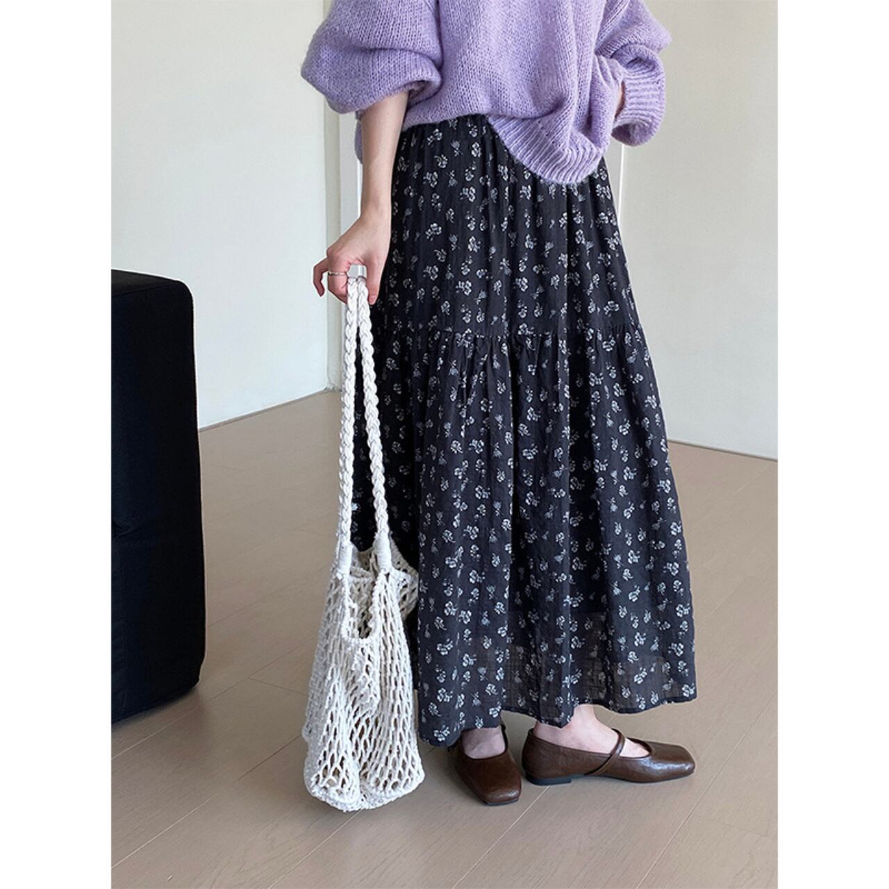 Small floral pattern A-line maxi skirt 1889