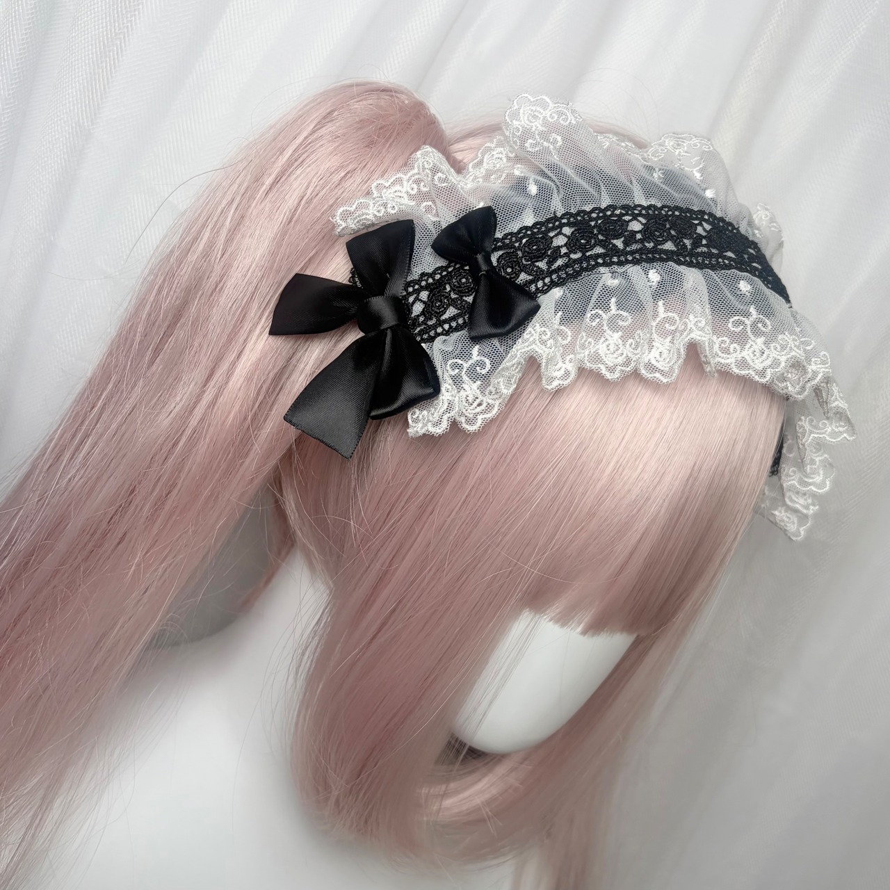 ♡【受注生産】No.10 薔薇刺繍＆黒基調 フリルレース ダブルリボンヘッドドレス black×light blue ♡