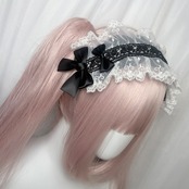 ♡【受注生産】No.10 薔薇刺繍＆黒基調 フリルレース ダブルリボンヘッドドレス black×light blue ♡