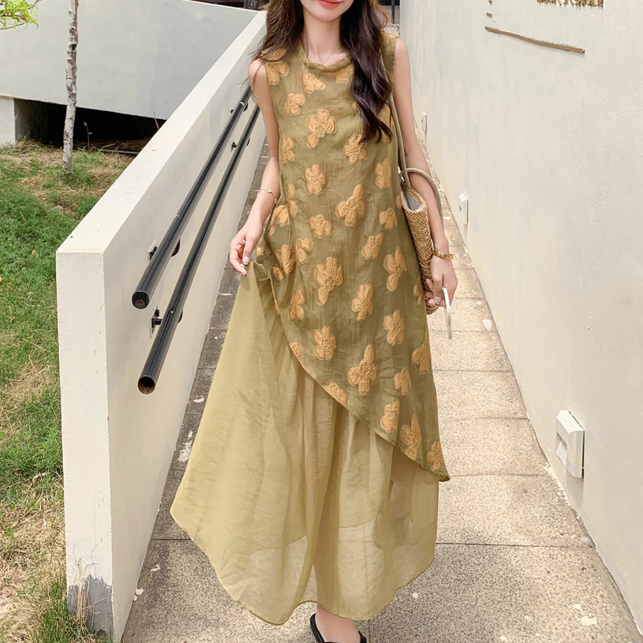 Flower embroidery layered dress S1122