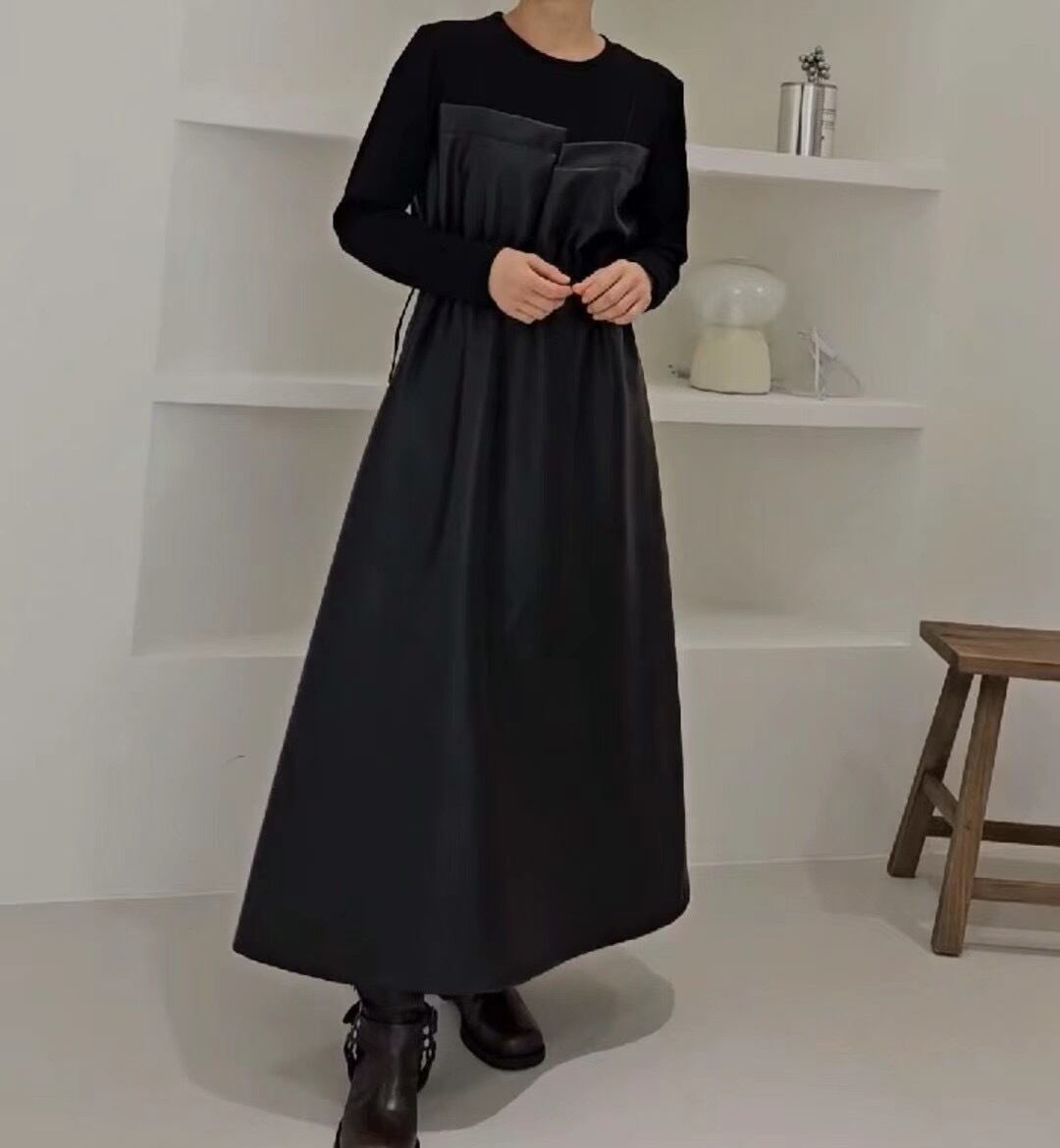 LT1714】fake leather one-piece/Tシャツ&フェイクレザー ワンピース