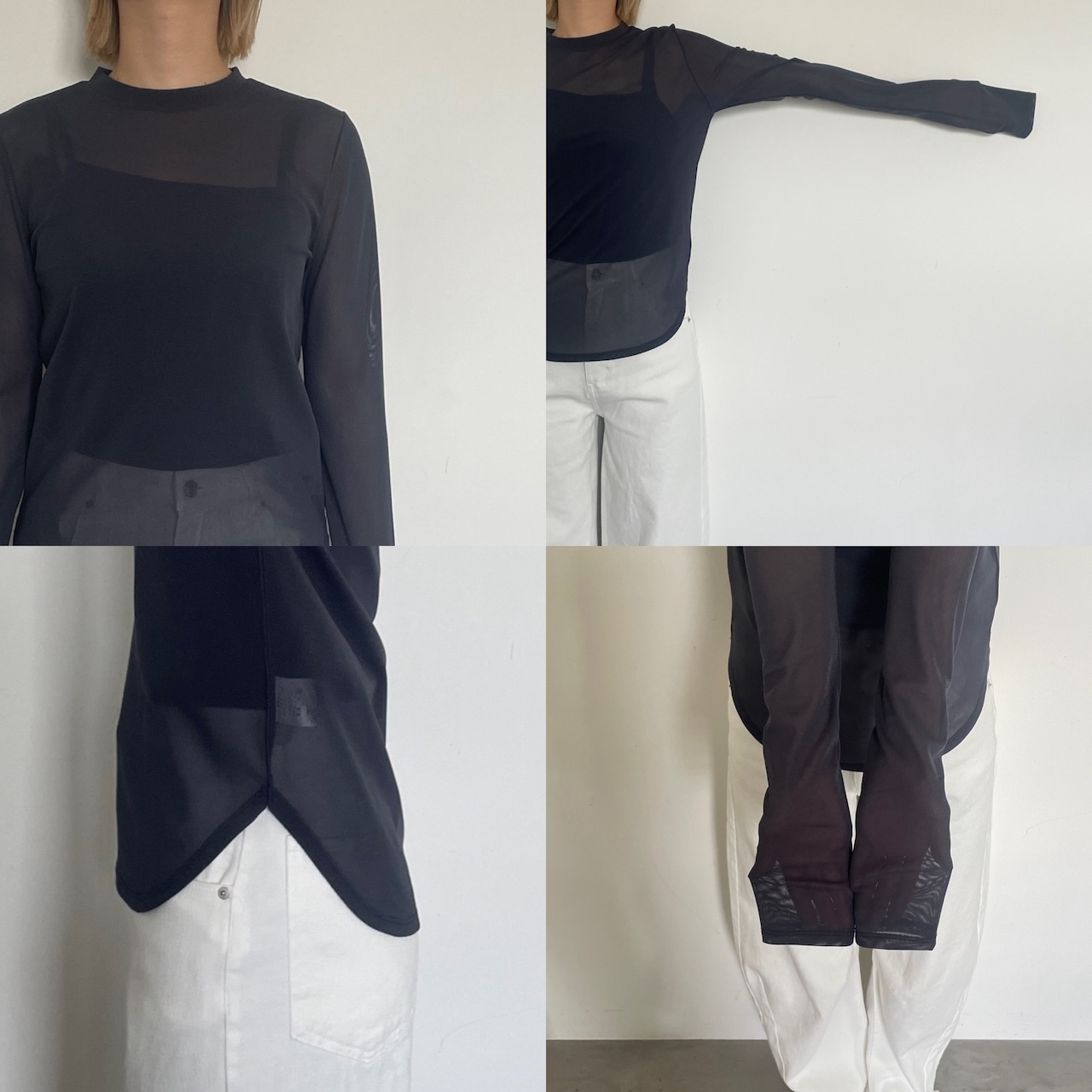 tulle sheer crew neck tops/gray