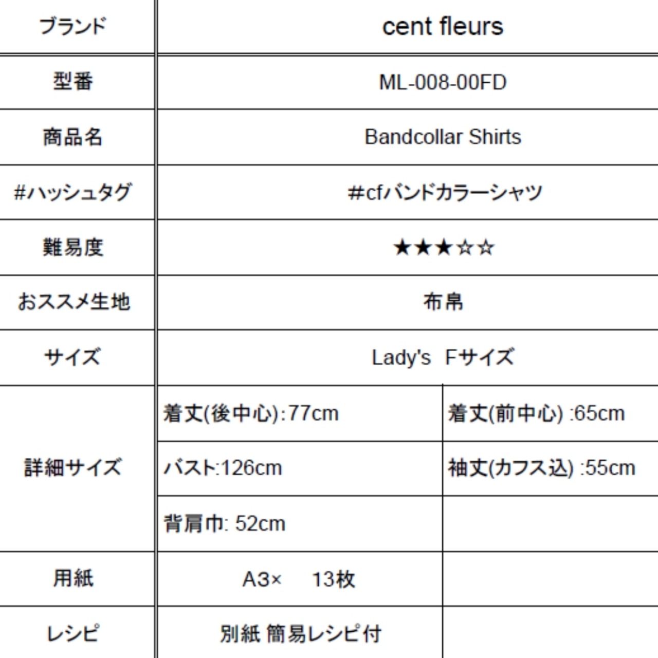 cent fleurs　lady'sバンドカラーシャツ型紙 ML-008-00FD