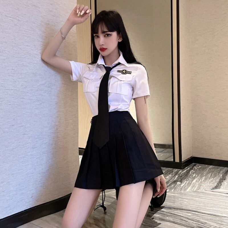 シャツ ハイウェストウェストプリーツスカート ハンチェンe25505880104