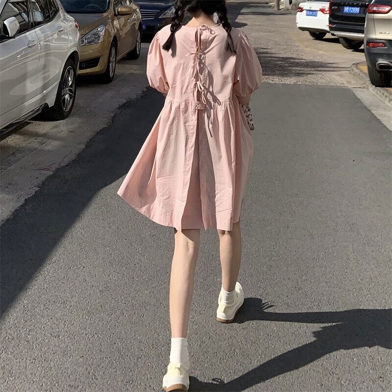 ルーズ薄手ドレス サマープリーツAラインスカート ピンク 大人ガーリー スウィート キュート カジュアル 夏物 萌量不足19103796649