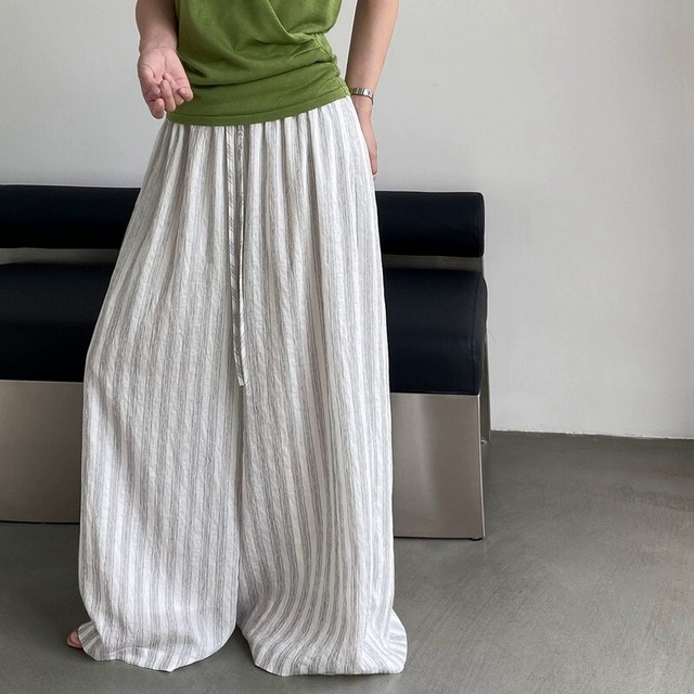 Tencel Linen Stripe Wide Leg パンツ [26010465]