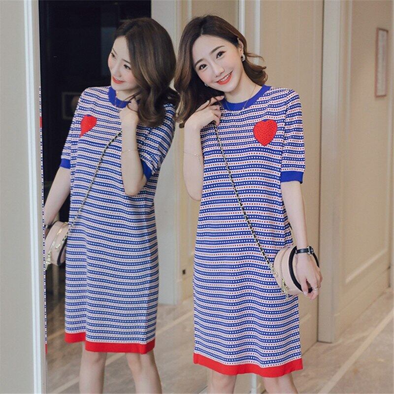 【新作】【送料無料】 2020マタニティ服ルーズスタイリッシュサマーOネックストライプワンピース妊婦ミドルロングシンプルママワンピース 夏物 AL expec355209122432