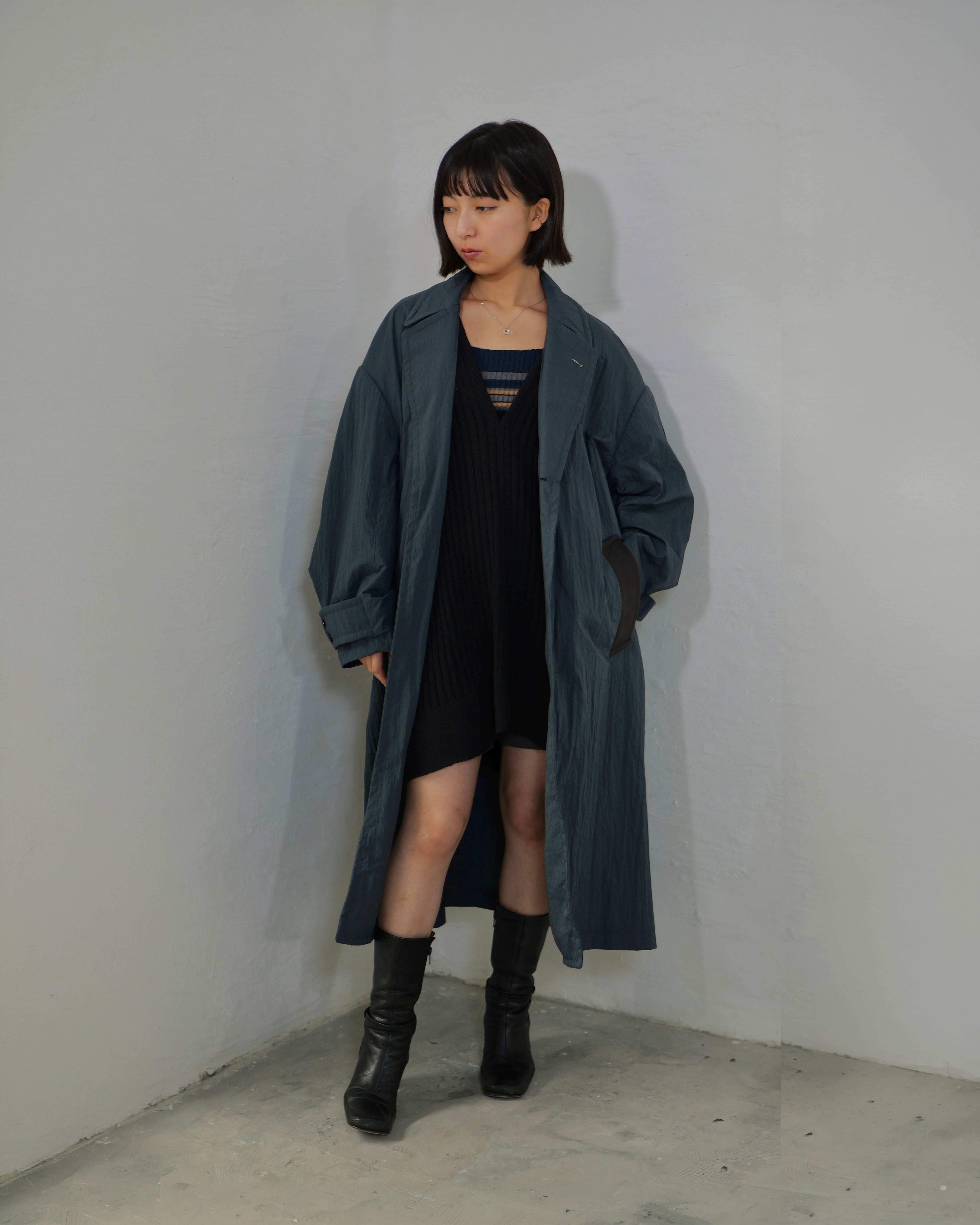 i'm here - Shrink Nylon Grandpa Coat ：Navy｜シュリンク凹凸