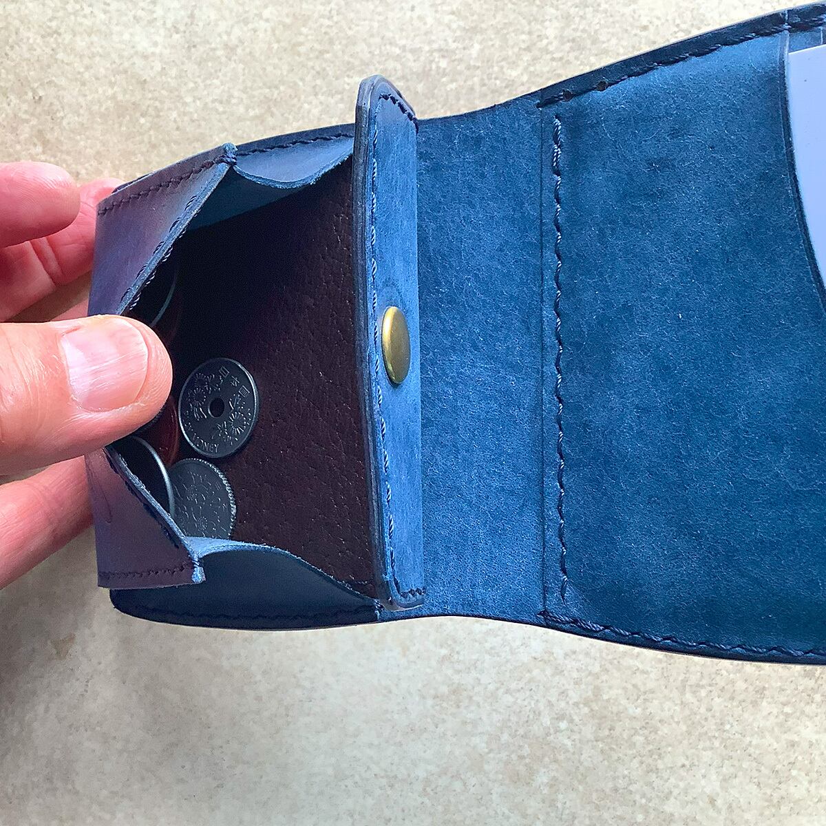 大容量二つ折り財布 コバルトブルー イタリアンレザー 総手縫い仕上げ