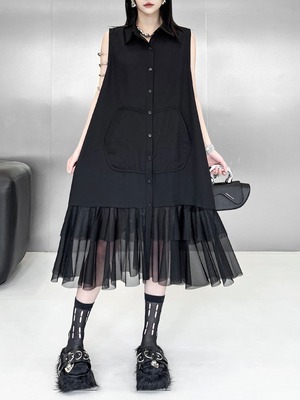 Sheer ruffle hem sleeveless shirt dress [T2827]