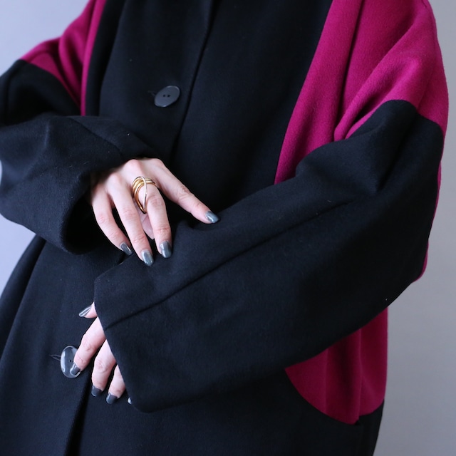 bi-color over silhouette dolman sleeve wool coat