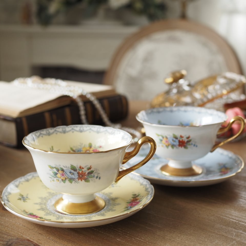 【最終価格】シェリー ヘアベル カップアンドソーサー 英国シェリーShelleyクロッシェ 色違いペアカップ＆ソーサー F1