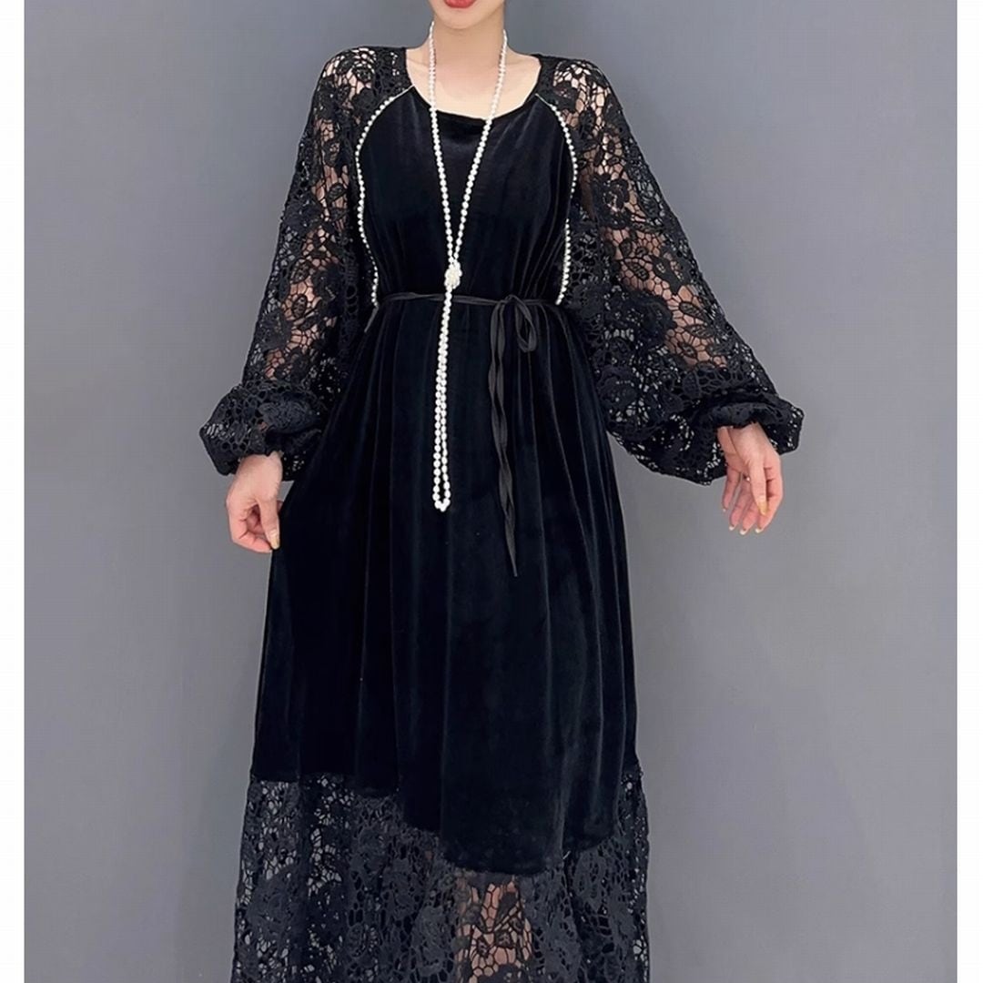 オーバーサイズ袖裾レース透け感ロングワンピース ON0595