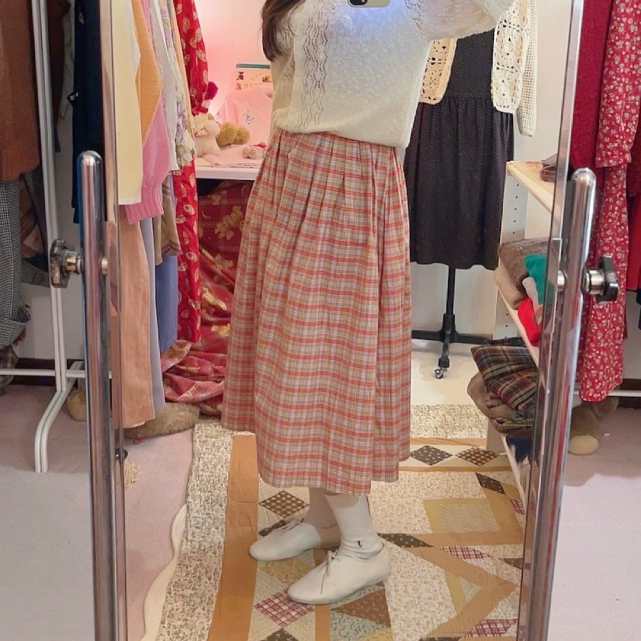 check waist ribbon skirt