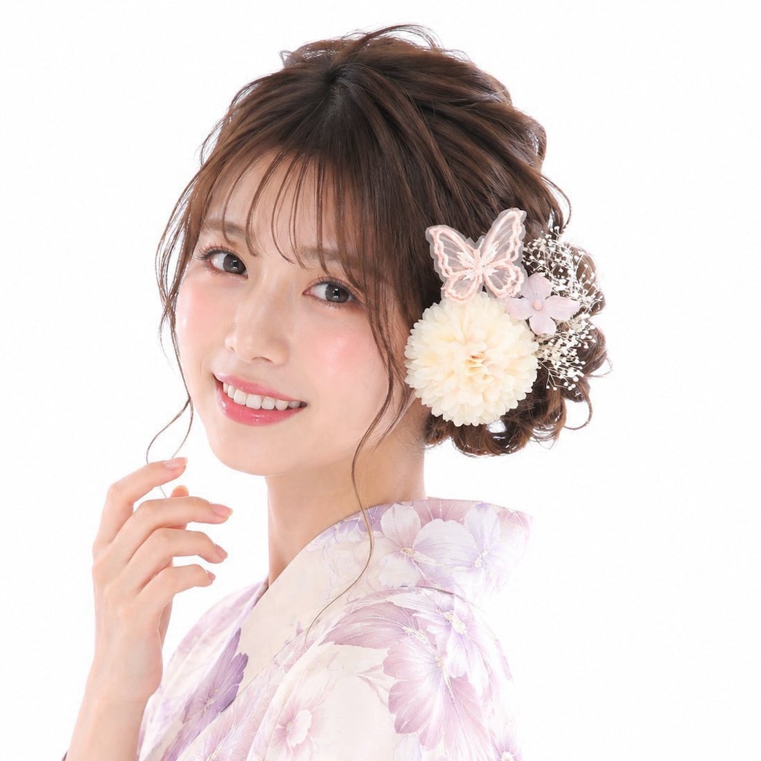 A979ピンク白 蝶 ドライフラワー 髪飾り 卒業式 袴 成人式 振袖 結婚式 和装