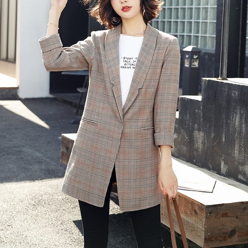 ジャケット　ロング丈　チェック　ストライプ　カジュアル　春秋　レディース　お出かけ　BACB0046