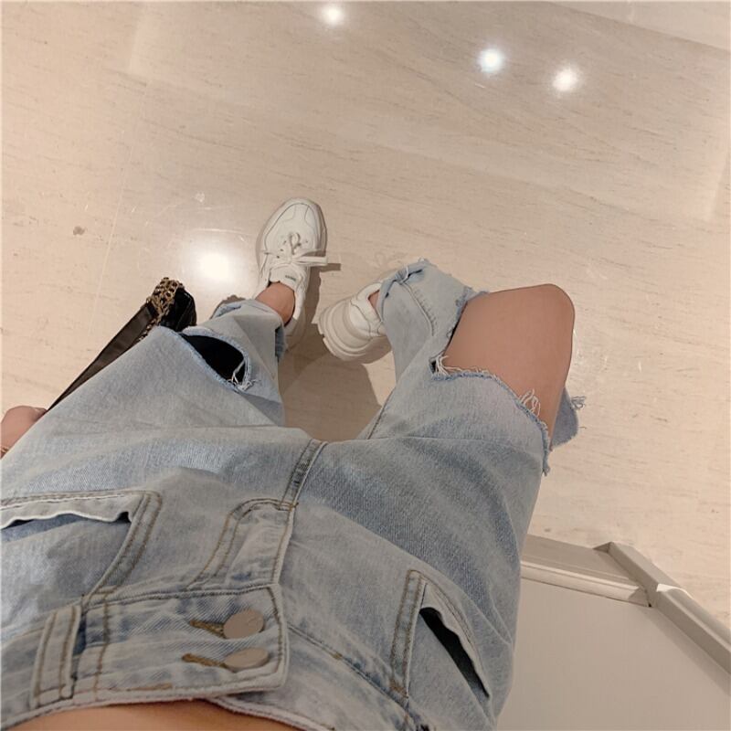 レトロな香港シックなパンツ女性の夏のハイウエストリッピングライトカラージーンズワイルドストレートカジュアルワイドレッグパンツトレンド 1号婦人77993654223