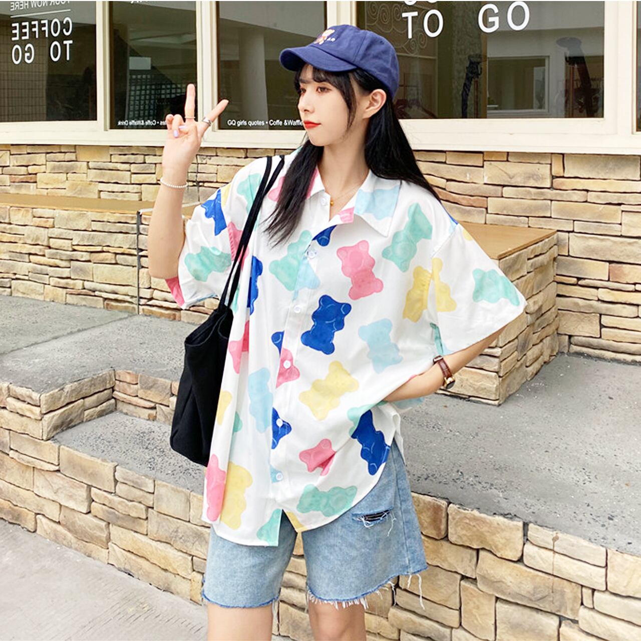 Regit 即納 Jelly Bear Half Shirt S S 韓国ファッション トップス 半袖 シャツ ブラウス グミ ベアー ゼリー 10代 代 プチプラ 着回し 着映え ネット通販 Tpb033 Regit
