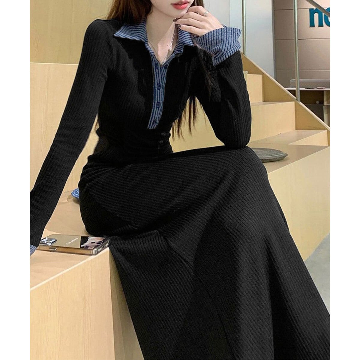 ポロ衿 ロングワンピース 長袖 レディース 春秋冬 韓国 ワンピース きれいめ 大人 かわいい カジュアル ハーフボタン 配色 ブラック 黒 リブニット ニットワンピース 大人可愛い 大人女子