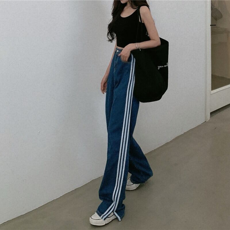 ストライプステッチワイドレッグジーンズレディース秋ハイウエストルーズストレートパンツオールマッチモップパンツインタイド ブラックストロベリース47748898637