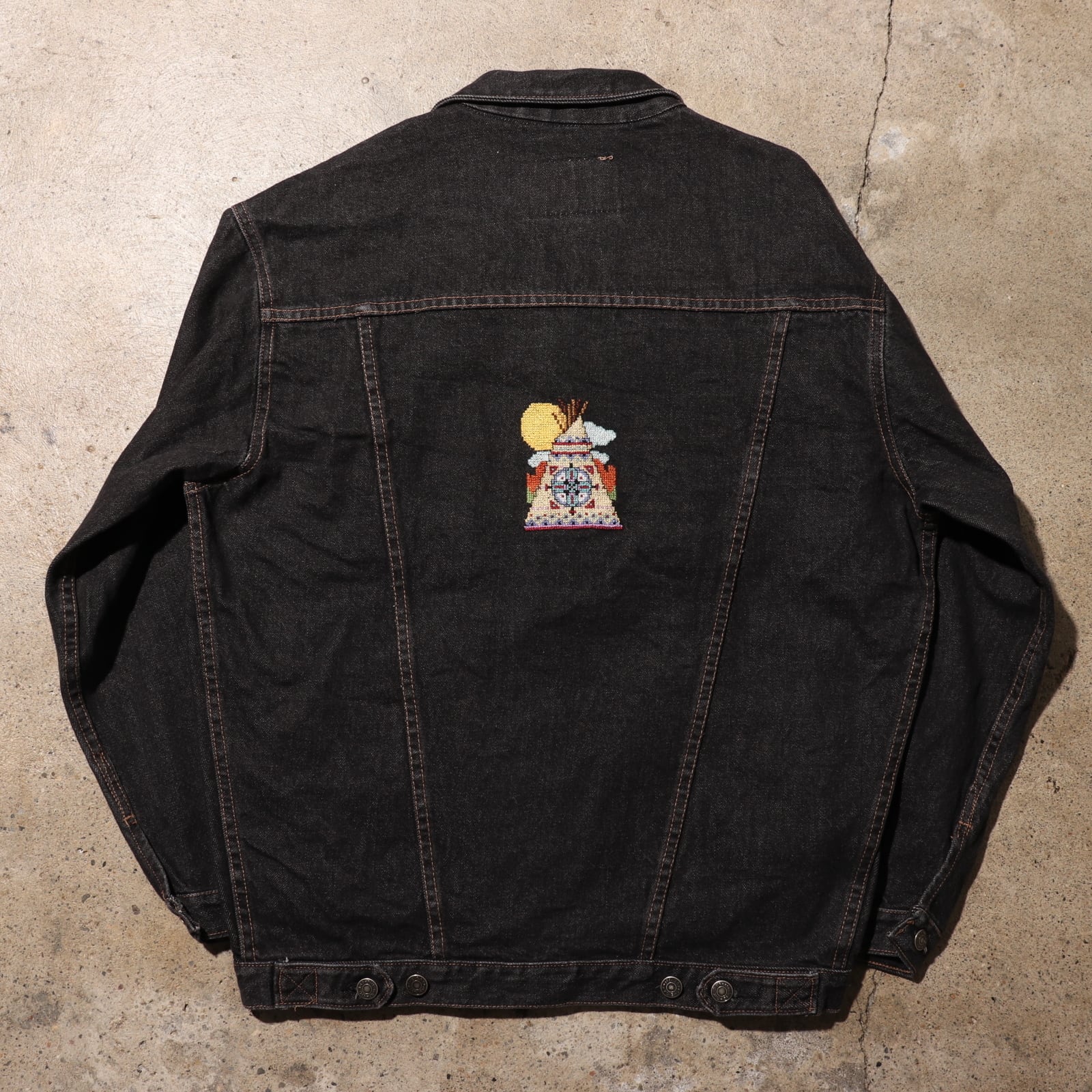 美品 S OLD GAP 先染め USA バック刺繍 ブラックデニムジャケット 