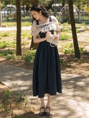 【0015】Square Collar Lace Ribbon Short Sleeve Dress