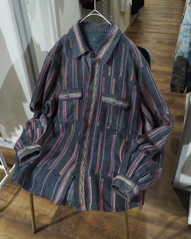 Colorful Thread Stripe Embroidery vintage Over Dyed shirt