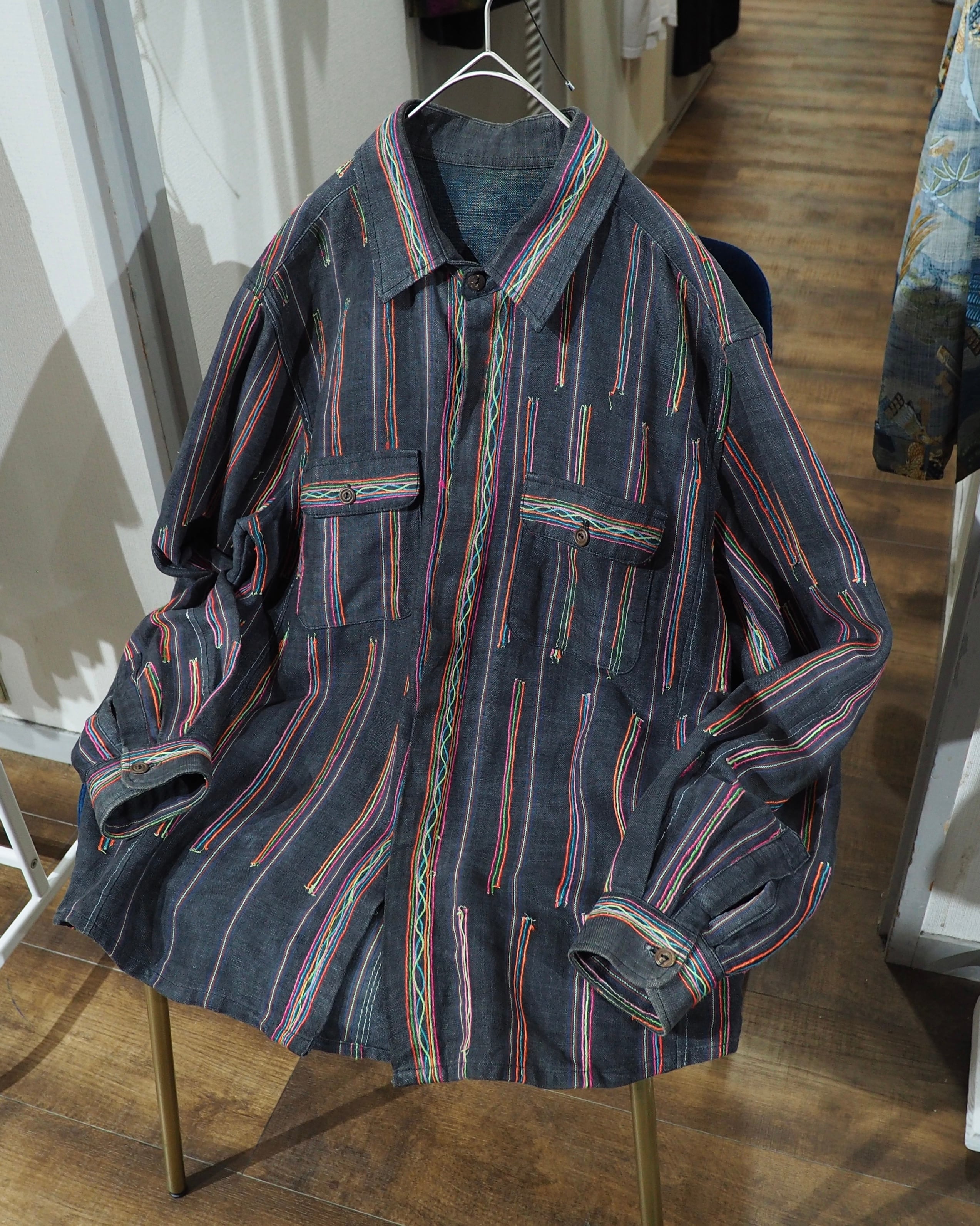 Colorful Thread Stripe Embroidery vintage Over Dyed shirt