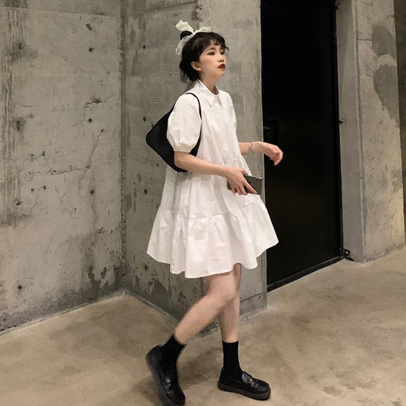 サマーAラインシャツ スカート ホワイトドレス 夏物 スーパーモール92637890099