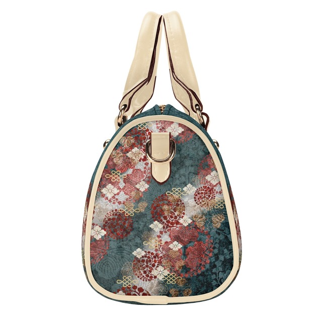 和紋様装飾　御召茶　ヴィーガンレザーミニボストンハンドバッグ