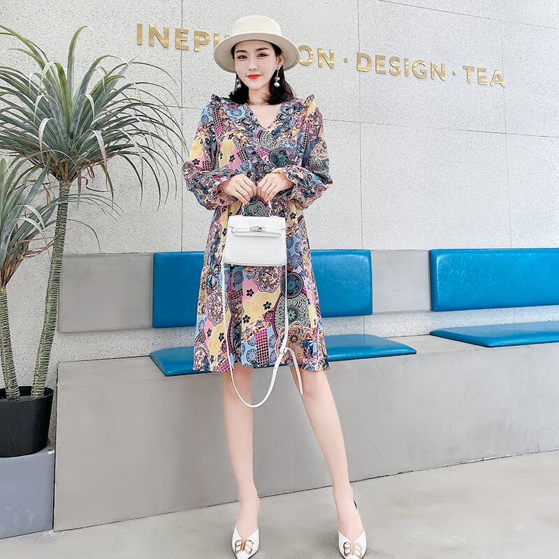 フローラルVネックプリーツAラインスカート ストレッチ ロング エラスティック 伸縮 大きめサイズ 花柄 ミックスインファッション53122172051