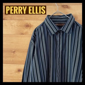 【PERRY ELLIS】ストライプ 柄シャツ 長袖シャツ フライフロント ペリーエリス XL アメリカ古着