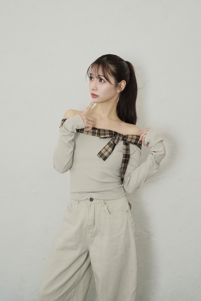 check ribbon offshoulder tops
