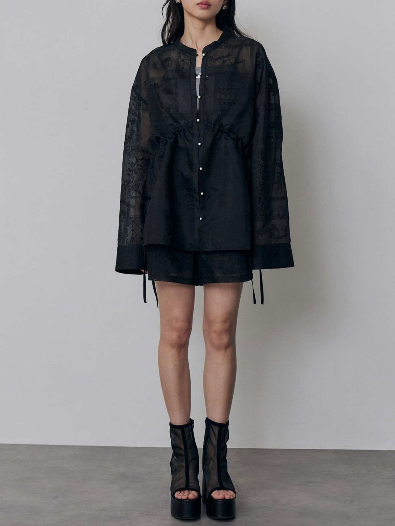 Drawstring Waist Sheer Lace Shirt / BLACK - 1