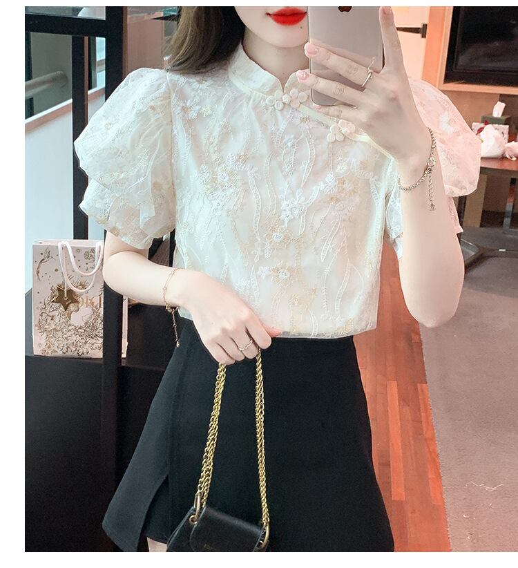 tops】主役級おしゃれ大人気レース切り替えパフスリーブブラウス M