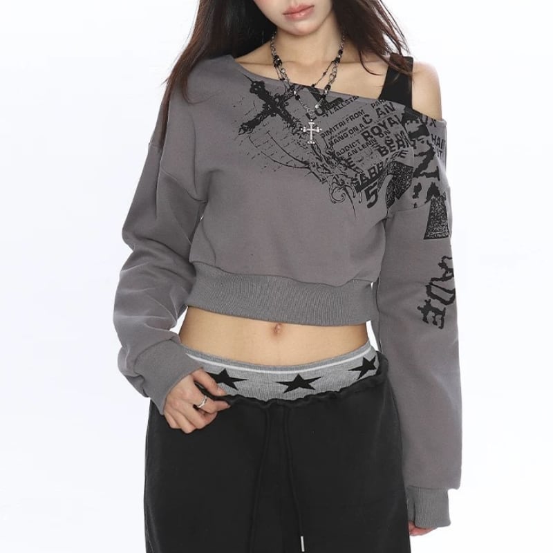 printed off shoulder cropped sweatshirt la2129