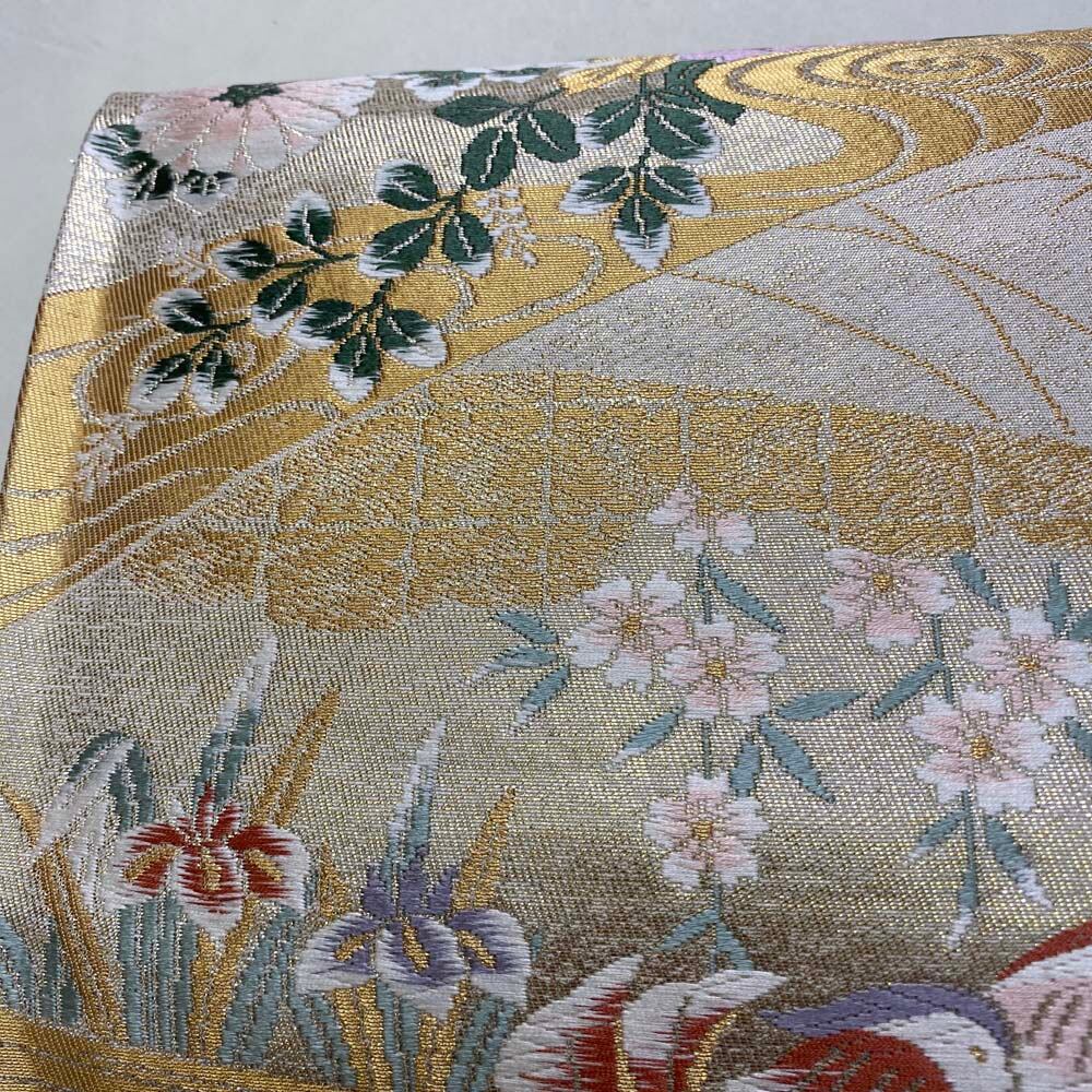 袋帯】未仕立て 帯 礼装 白地 銀 シルバー オシドリ 訪問着 付け下げ 