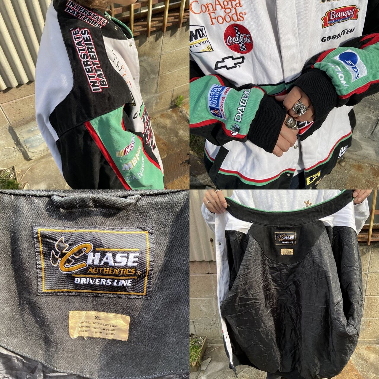 CHASE AUTHENTICS NASCAR 企業ロゴ 刺繍 レーシングジャケット メンズXL 古着 ホワイト ブラック グリーン 白 黒 黄緑  【レーシングジャケット】 | cave 古着屋【公式】古着通販サイト