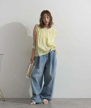 b421 ハイウエストベルトループデザインデニムパンツ blue