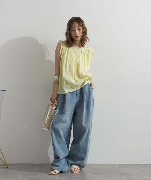 b421 ハイウエストベルトループデザインデニムパンツ blue